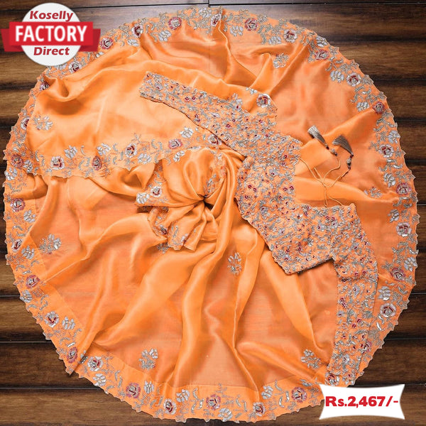Orange Organza Silk Saree with Multi-embroidery