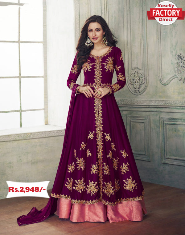 Wine Semi-Stitched Embroidered Gown with Dupatta
