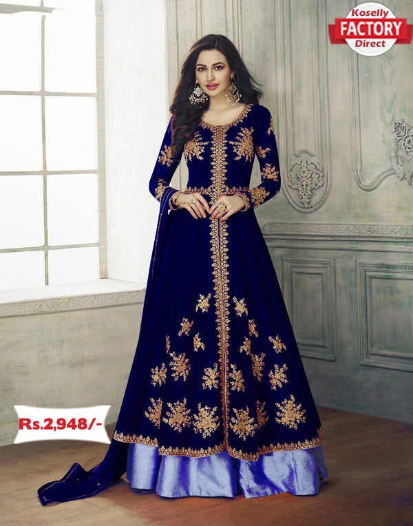 Deep Blue Semi-Stitched Embroidered Gown with Dupatta