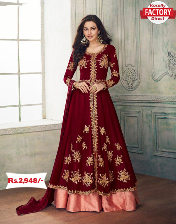 Scarlet Red Semi-Stitched Embroidered Gown with Dupatta