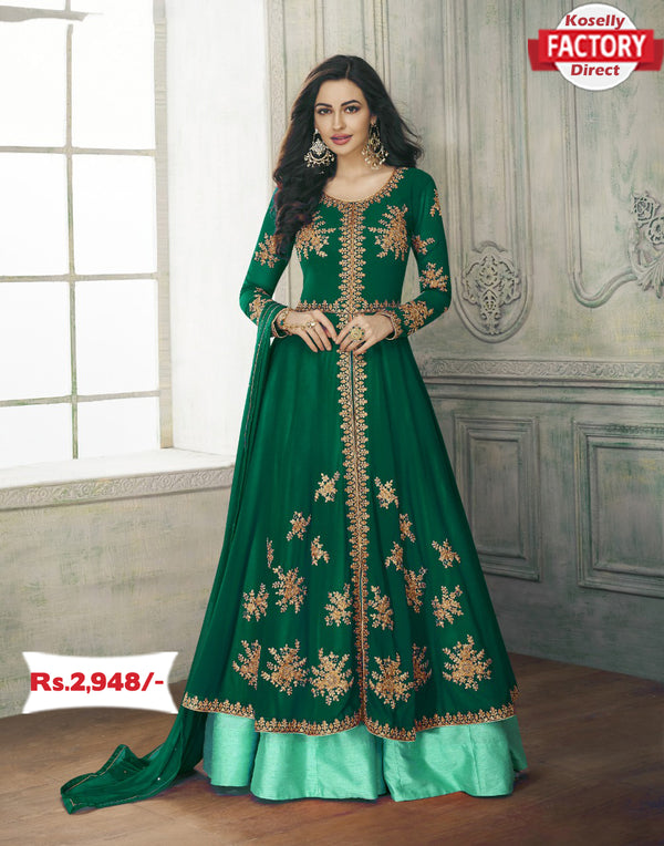 Green Semi-Stitched Embroidered Gown with Dupatta