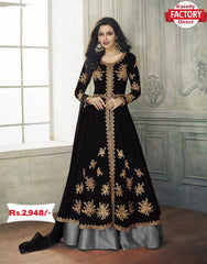 Black Semi-Stitched Embroidered Gown with Dupatta