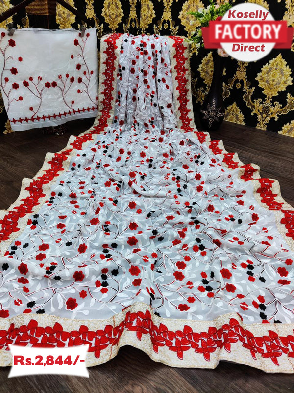 Heavy Embroidered White and Red Saree with Embroidered Blouse
