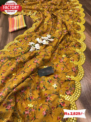 Golden Pure Organza Partywear Saree