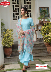 Sky Blue Designer Long Kurtha Pant Dupatta Set