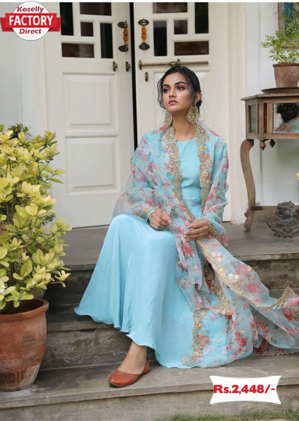 Sky Blue Designer Long Kurtha Pant Dupatta Set
