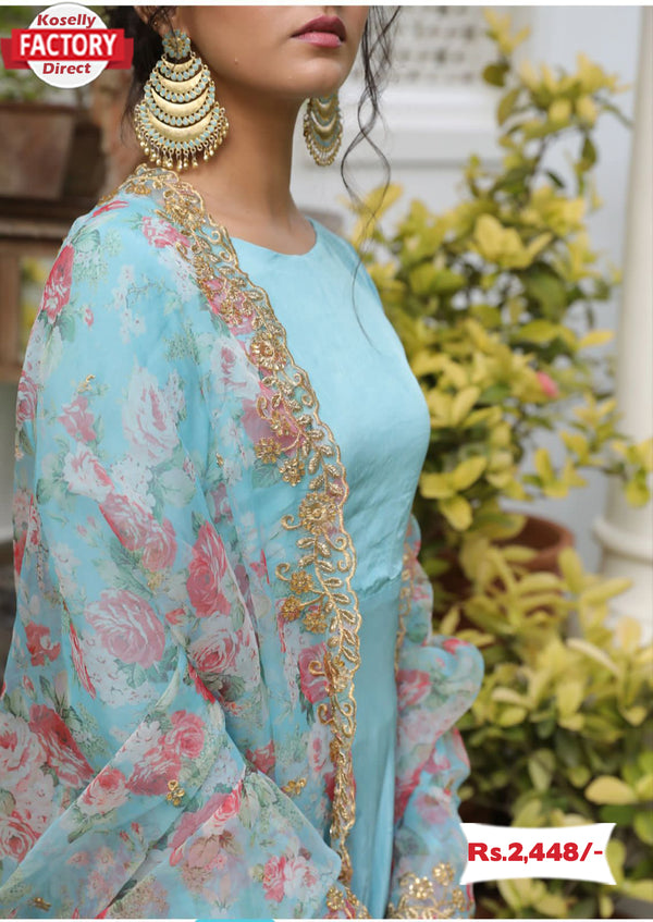 Sky Blue Designer Long Kurtha Pant Dupatta Set
