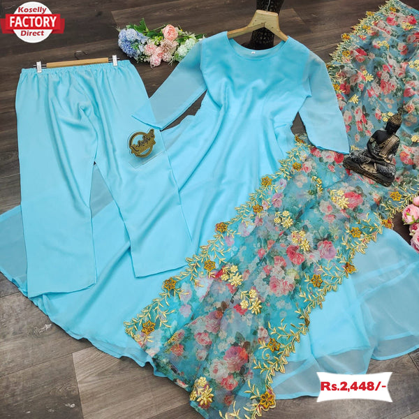 Sky Blue Designer Long Kurtha Pant Dupatta Set