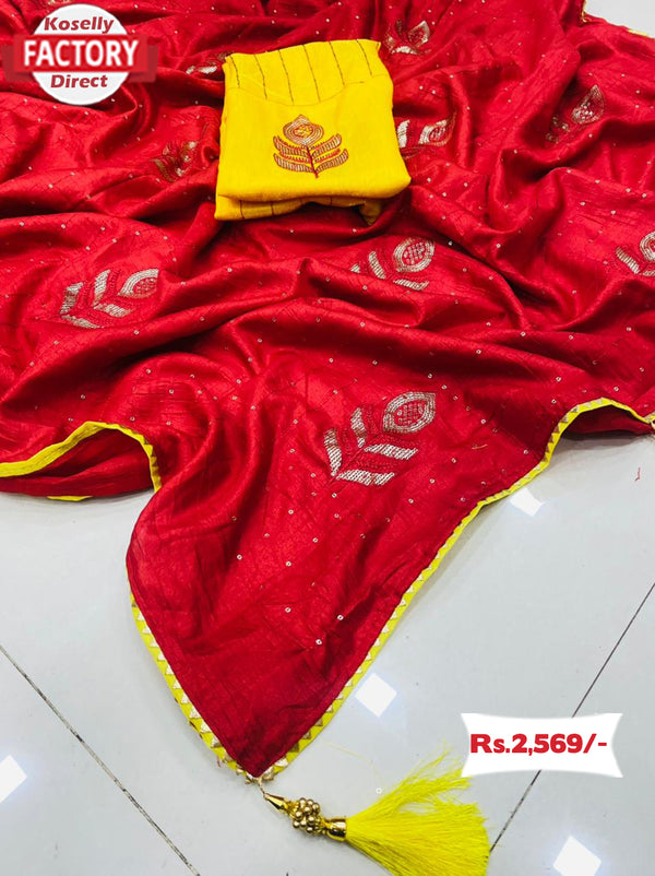 Red Pure Dola Silk Embroidered Partywear Saree