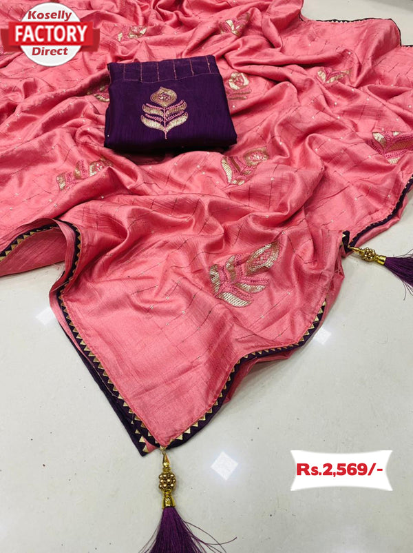 Pink Pure Dola Silk Embroidered Partywear Saree