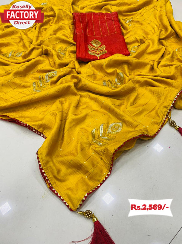 Yellow Pure Dola Silk Embroidered Partywear Saree