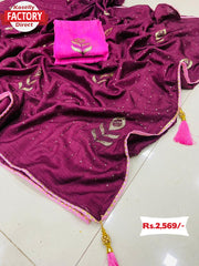 Wine Pure Dola Silk Embroidered Partywear Saree