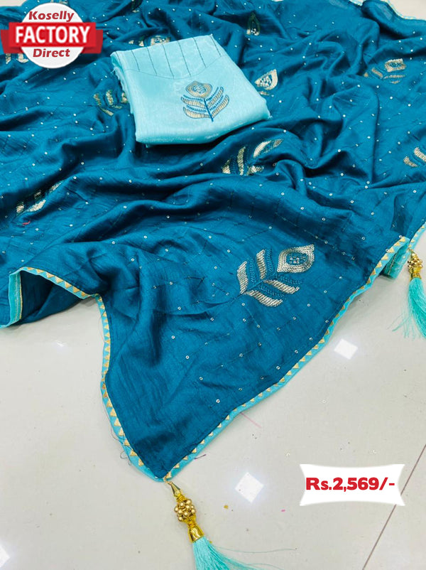 Teal Blue Pure Dola Silk Embroidered Partywear Saree