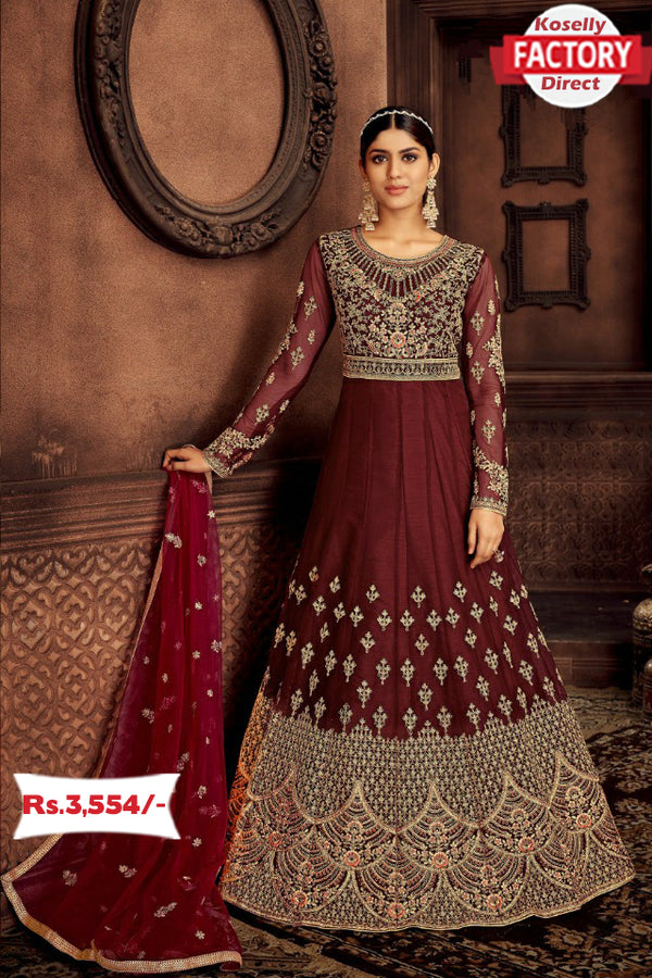 Maroon Semi-stitched Embroidered Gown with Dupatta