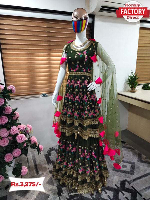Mehendi Green Embroidered Kurtha Sharara Set