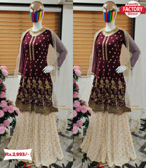 Wine Embroidered Kurtha Sharara Dress