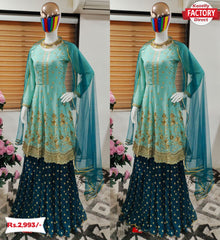 Sea Blue Embroidered Kurtha Sharara Dress
