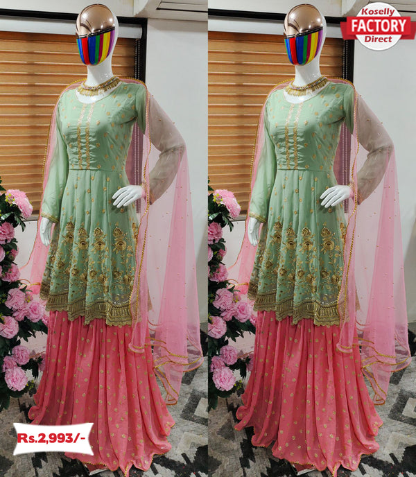 Pista Green Embroidered Kurtha Sharara Dress