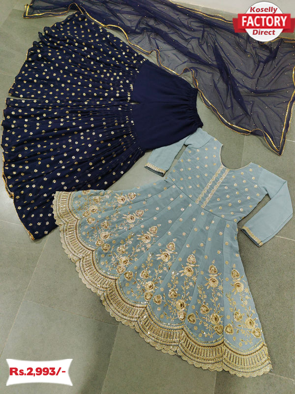 Baby Blue Embroidered Kurtha Sharara Dress