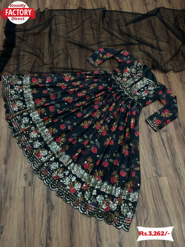 Black Floral Printed Embroidered Gown with Dupatta
