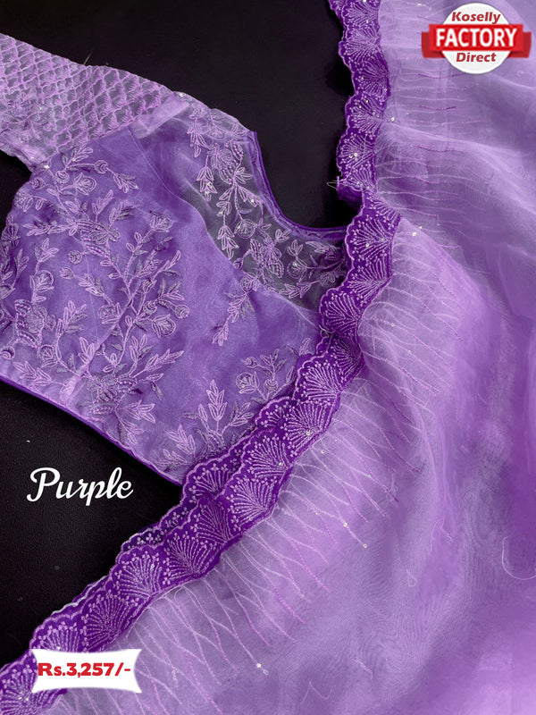 Purple Designer Pure Organza Bollywood Partywear Saree With Readymade Blouse