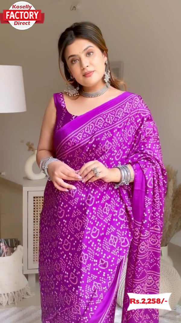Purple Bandhani Pure Chinon Silk Saree