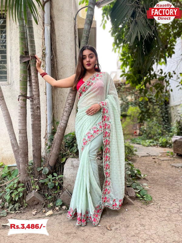 Sea Green Pure Georgette Embroidered Partywear Saree
