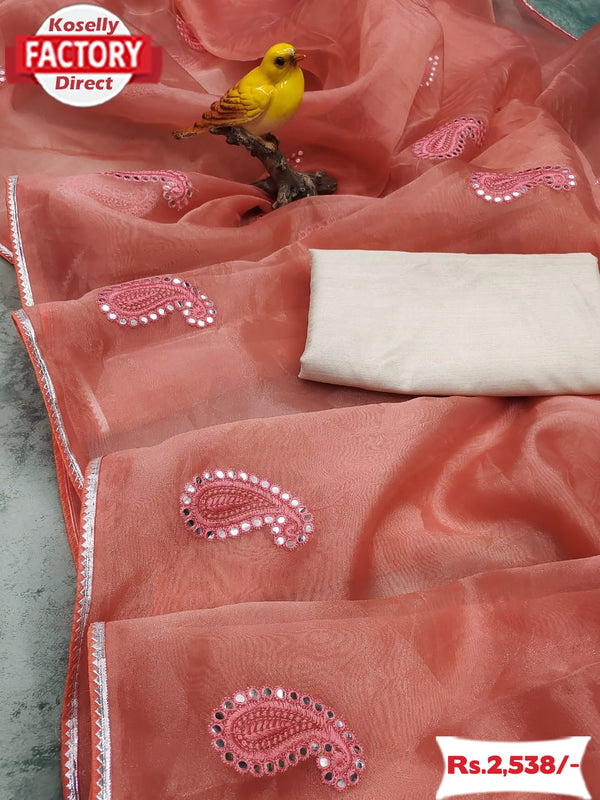 Peach Soft Organza Saree With Embroidery