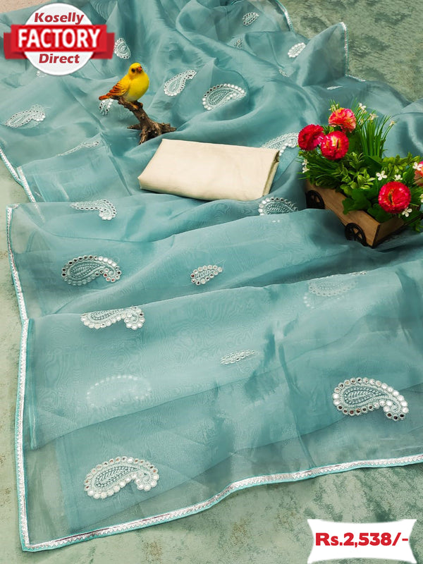 Light Blue Soft Organza Saree With Embroidery