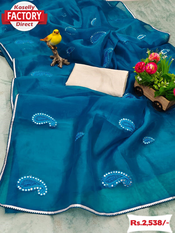 Deep Blue Soft Organza Saree With Embroidery