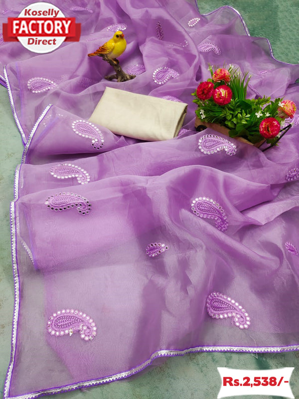 Lavender Soft Organza Saree With Embroidery