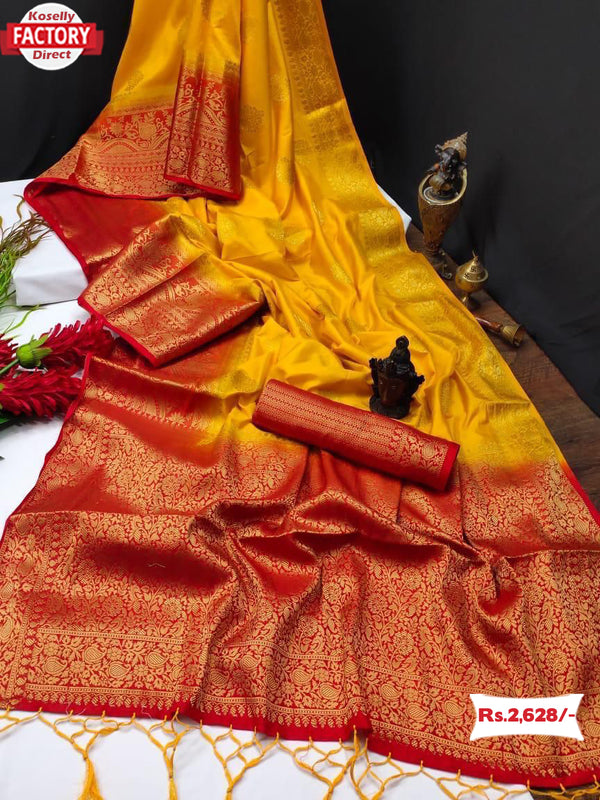 Yellow And Red Pure Dola Silk Saree