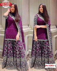 Wine Embroidered Kurtha Sharara Dress