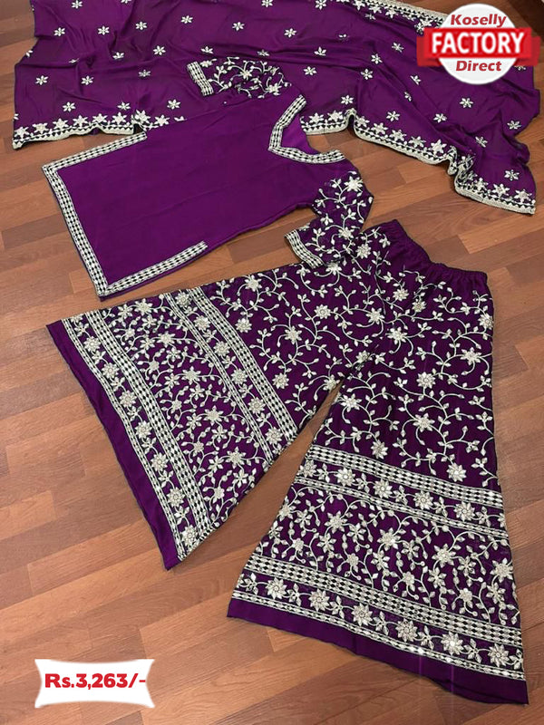 Wine Embroidered Kurtha Sharara Dress