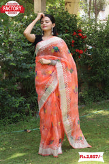 Coral Orange Pure Organza Fancy Saree