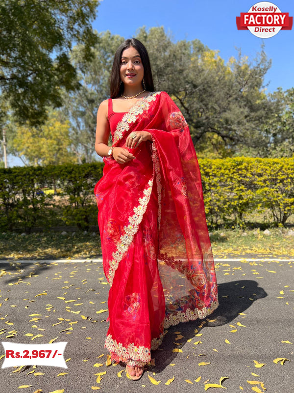 Red Pure Organza Digital Printed Saree With Embroidery