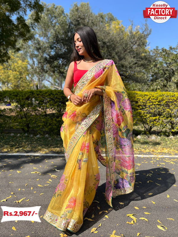 Yellow Pure Organza Digital Printed Saree With Embroidery