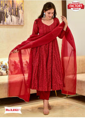 Dark Red Embroidered Gown With Dupatta And Pant