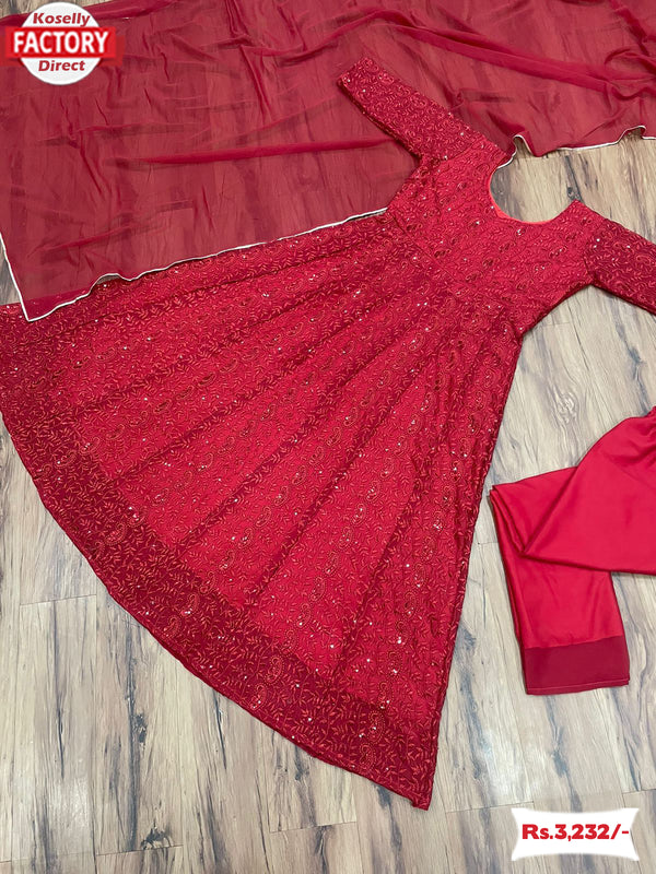 Dark Red Embroidered Gown With Dupatta And Pant