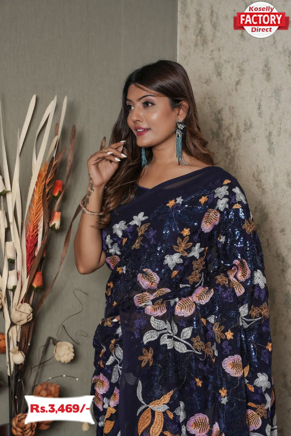 Navy Blue Georgette Saree With Heavy Embroidery