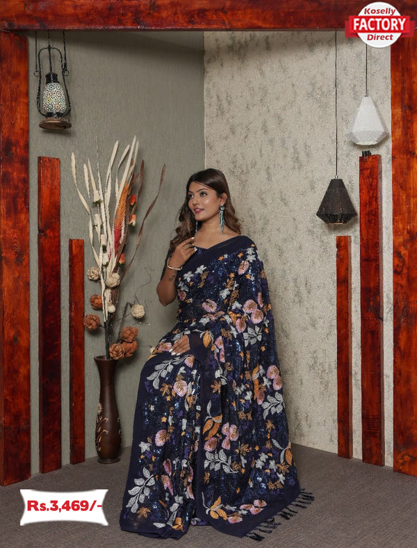 Navy Blue Georgette Saree With Heavy Embroidery