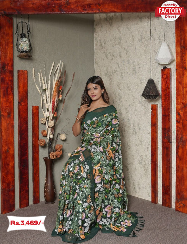 Green Georgette Saree With Heavy Embroidery