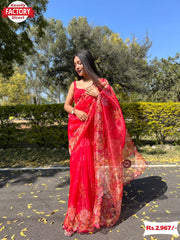Red Pure Organza Digital Printed Saree With Gota Embroidery