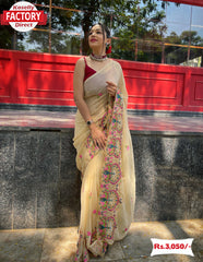 Beige Pure Georgette Sequins Saree With Embroidery