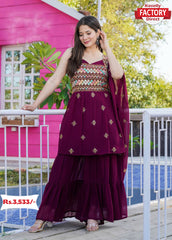Wine Designer Peplum Sharara Dupatta Set