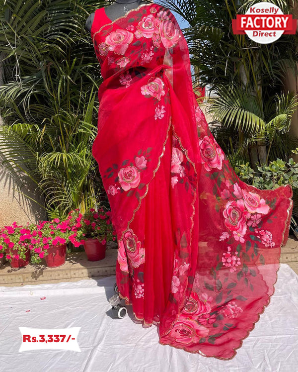 Red Pure Organza 3D Print Saree With Handwork