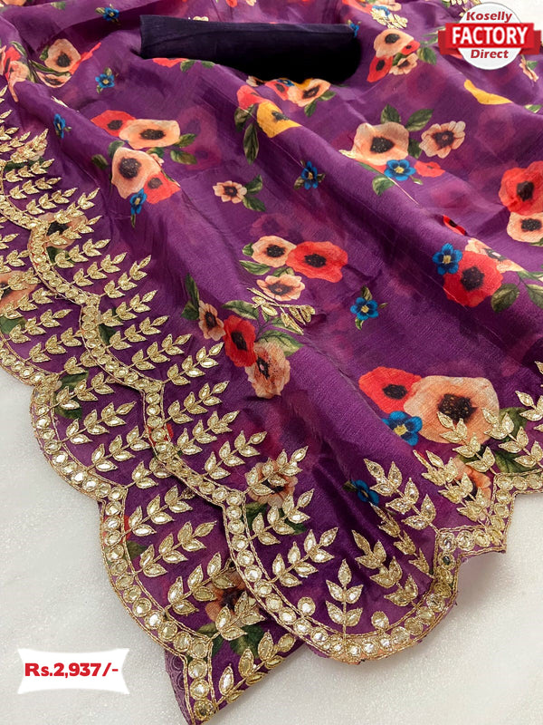 Purple Pure Khadi Organza Digital Printed Saree With Embroidery