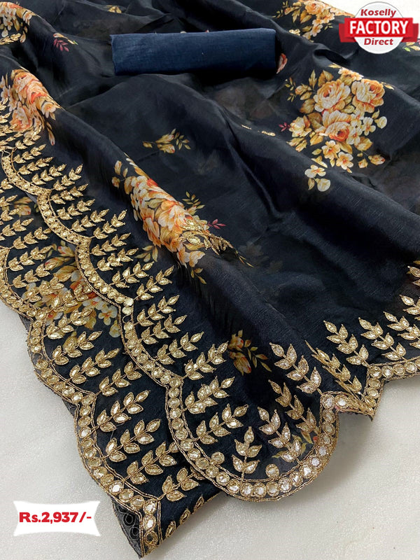 Black Pure Khadi Organza Digital Printed Saree With Embroidery