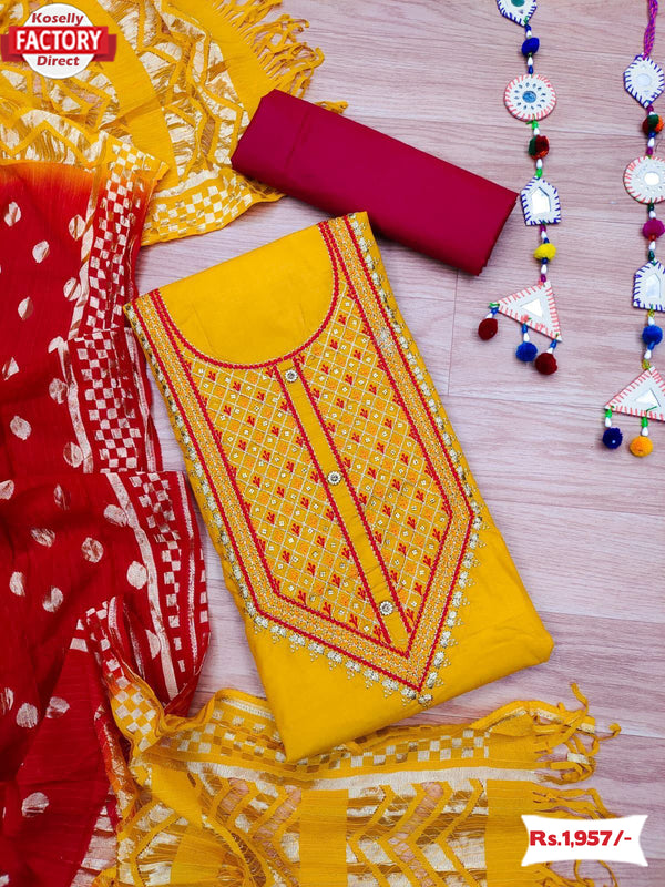 Yellow Cotton Embroidered Kurtha Suruwal Piece