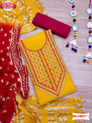 Yellow Cotton Embroidered Kurtha Suruwal Piece